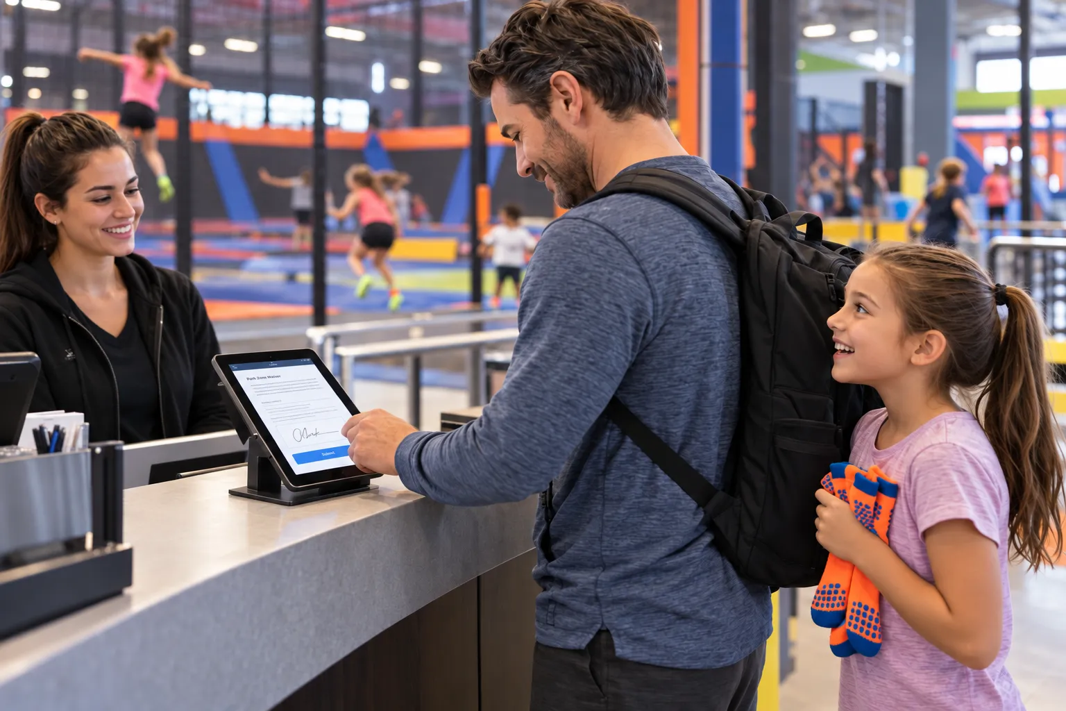 A parent signs on a tablet while his daughter waits to enter a trampoline park