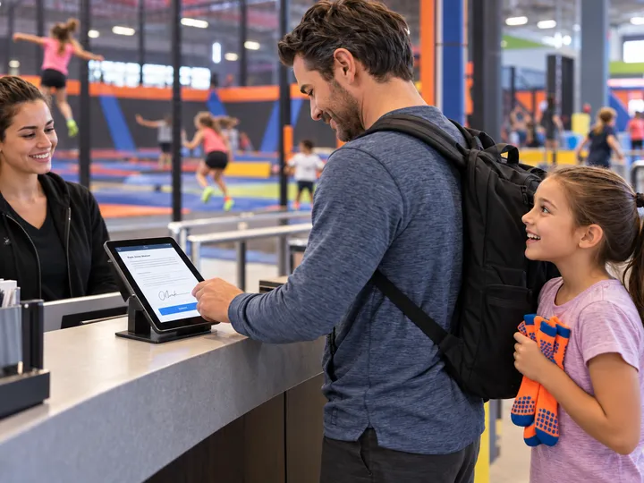 A parent signing at a trampoline park reception while his child waits beside him