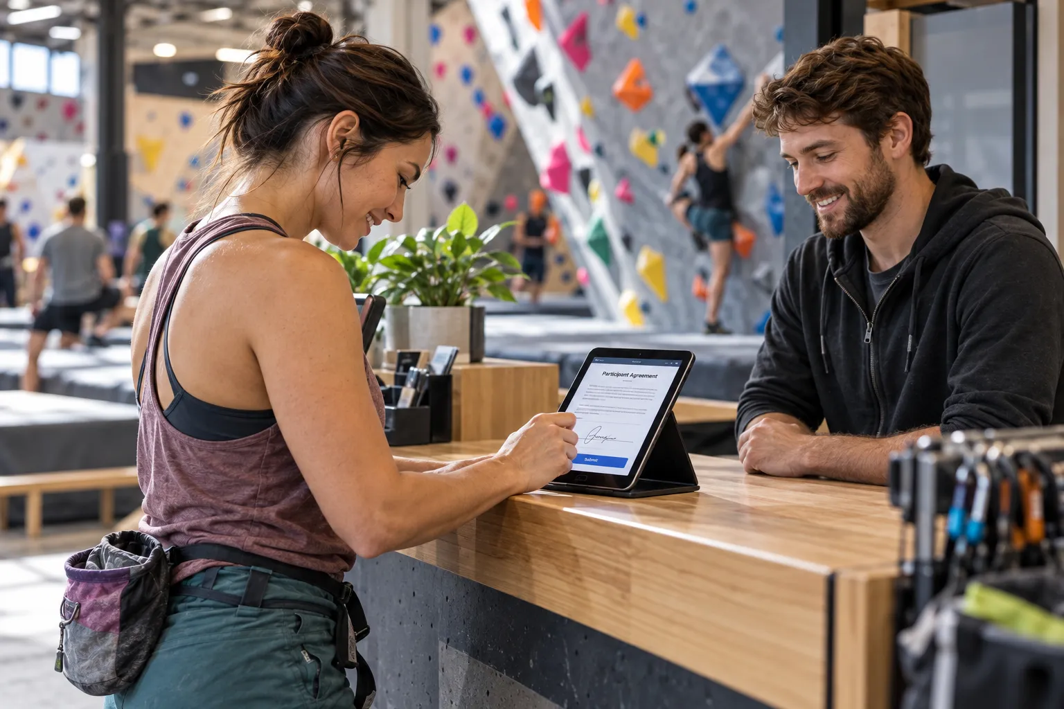 A climber signs a waiver on a tablet at the gym front desk