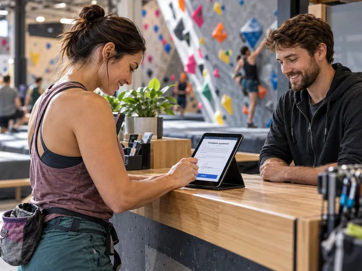 A climber completing a waiver at the front desk with climbing walls behind her