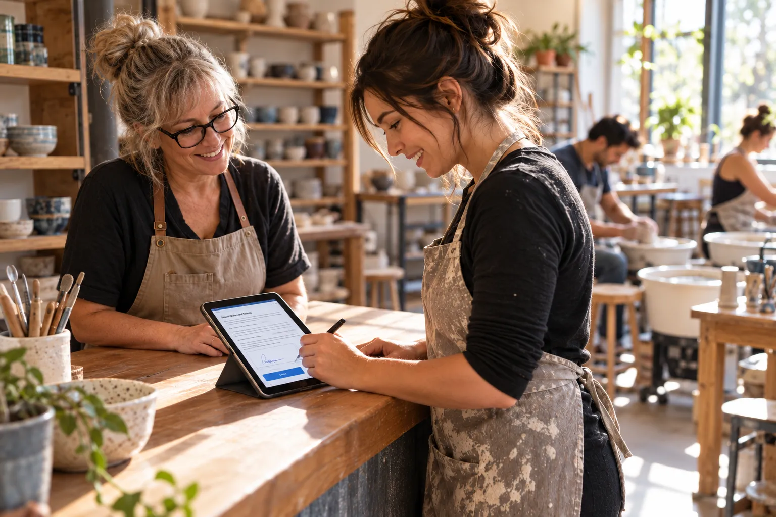 A pottery student signs on a tablet with an instructor at the studio counter