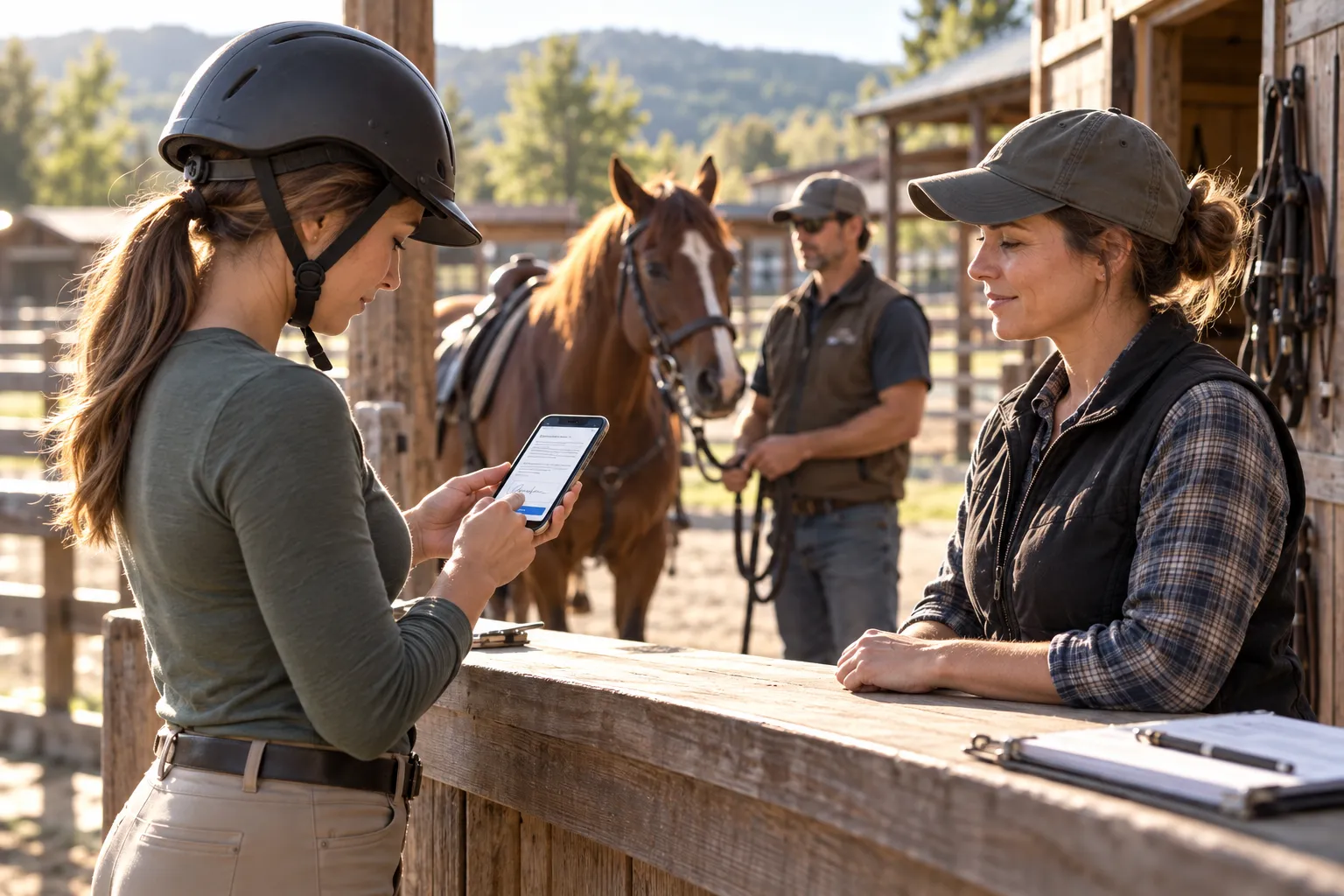 A helmeted rider signs on her phone at a stable before meeting her horse
