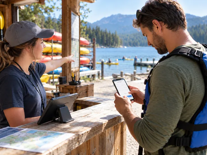 A kayaker completing a waiver on his phone at a lakeside rental desk