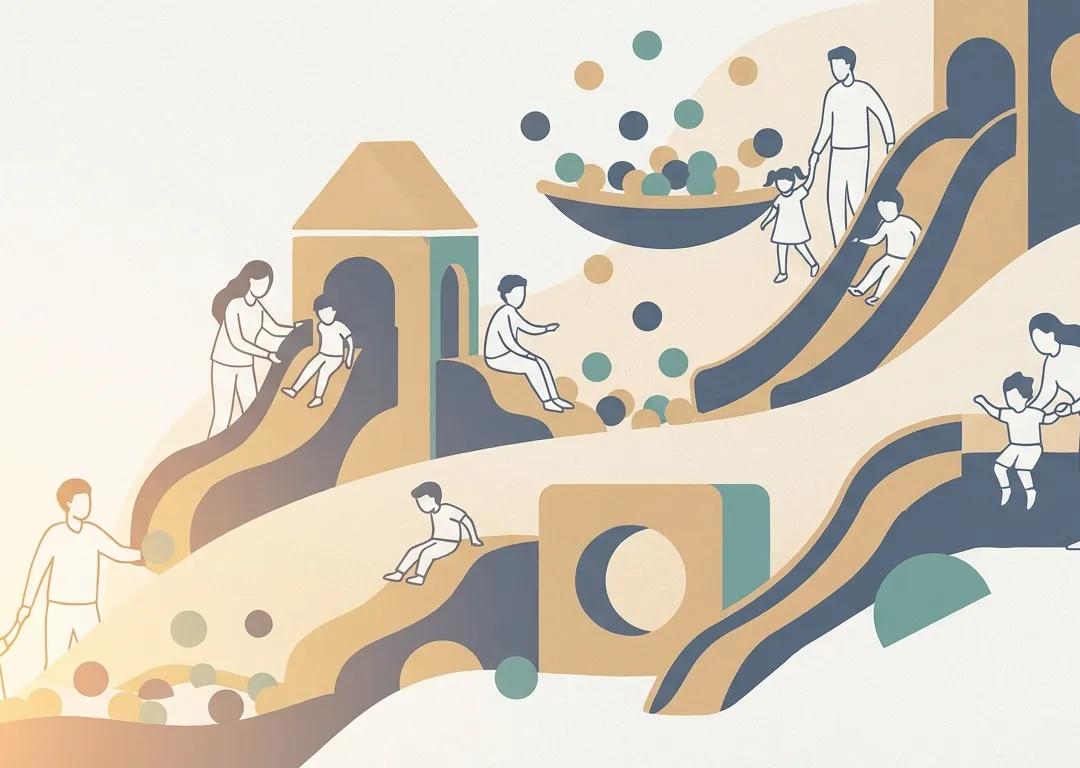 Illustration of children and parents exploring an indoor playground