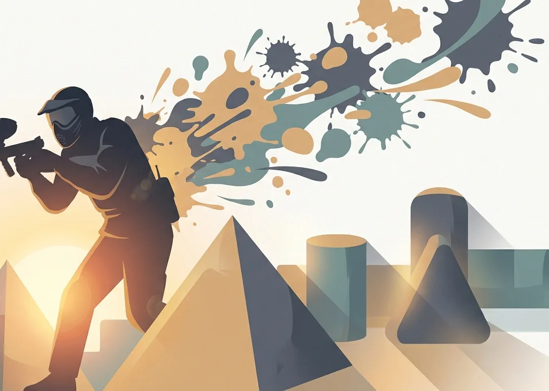 Illustration of a masked paintball player beside field obstacles