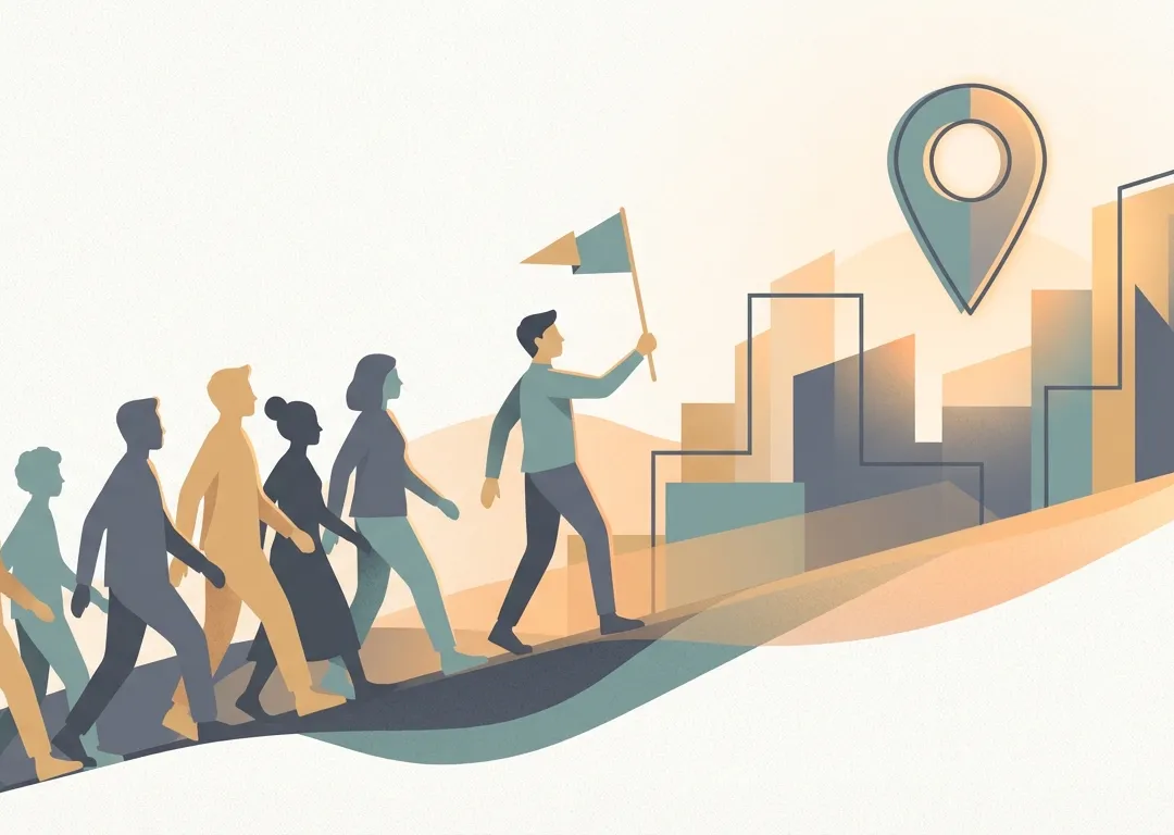 Illustration of a guide leading a group of visitors on a city tour