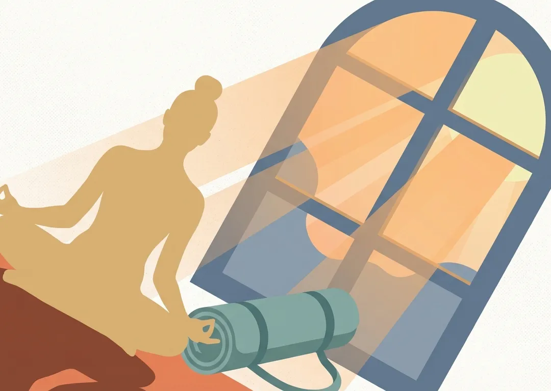 Illustration of a person practicing yoga beside a sunlit studio window